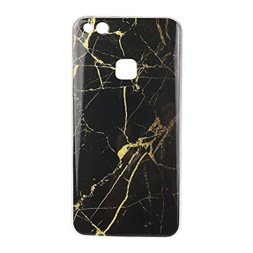 Huawei P10 Lite Hülle Silikon, Rosa Schleife Schutzhülle für>Huawei P10 Lite< Ultra Dünn Slim Case Flexible Soft Weich TPU Silicone Backcover Bumper Schale Handyhülle mit Bunte Marmor Muster , Schwarz Gold Marmor - 2