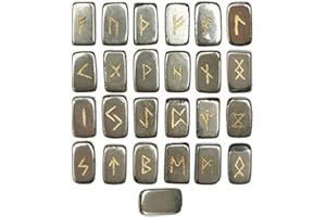 Crocon Rune di Pietra preziosa a Forma Rettangolare di pirite Dorata con Alfabeto Futhark Set di 25 Rune incise di sambuco Set di Cristallo di guarigione Reiki con Una della Custodia Size: 20-25 mm