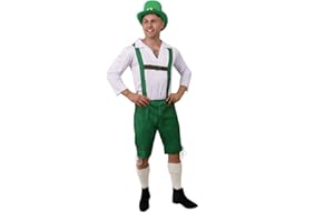 I LOVE FANCY DRESS ADULTS LEPRECHAUN COSTUME - GREEN LEDERHOSEN TROUSERS + WHITE SHIRT + GREEN TOP HAT WITH GOLD BUCKLE - ST PATRICKS DAY IRISH FANCY DRESS COSTUME (MEDIUM)