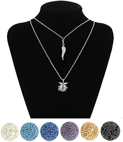 BYEONE Pendant Necklace Women Aromatherapy Essential Oil Diffuser with 7PCS Lava Stone Fashion Retro Multi-layer Chain Pendant Long Necklace