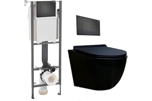 CORIBI Pack Complet WC Sans Bride Bati INITIO + Cuvette noir matt suspendu sans bride + Plaque Noir Soft Touch