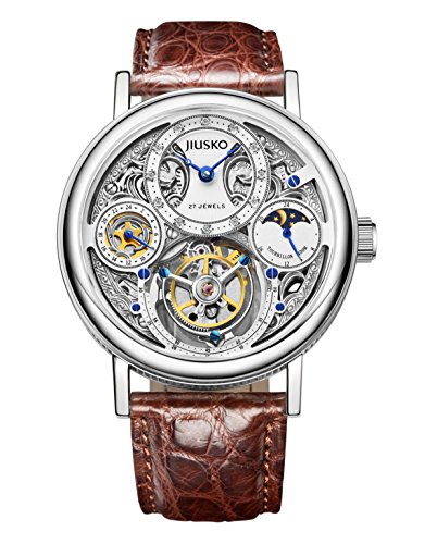 Jiusko Mechanische Automatikuhr fr Herren, mit 27 Diamanten, braunes Armband aus Alligatorenleder, mit Tourbillon Jiusko Mechanische Automatikuhr fr Herren, mit 27 Diamanten, braunes Armband aus Alligatorenleder, mit Tourbillon