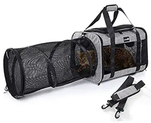 Pecute Pet Carrier with Expandable Tunnel, Airline Approved Soft Dog Cat Carrier, Pet Taxi with Breathable Mesh Removable Cushion, Foldable Pet Travel Bag Easy to Use for Cats Puppies Up to 16 Lbs