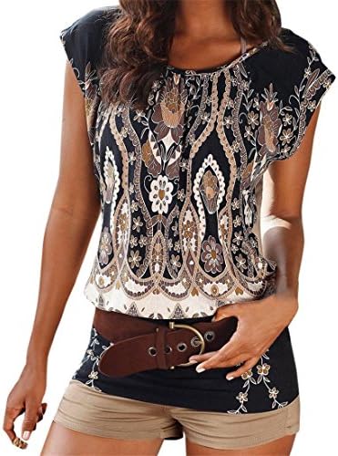 Womens Tops,Moonuy,Women Short Sleeve Tops,Girl Retro Print Sexy Loose Elegant Fashion Casual Summer Autumn Spring Winter Short T-Shirt Shirt Blouse Pullover For Ladies Mini Dress (XXL, Black)