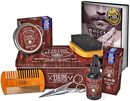 Beard Care Kit for Men- Sandalwood- Ultimate Beard Grooming Kit Includes 100% Boar Beard Brush, Wood Beard Comb, Sandalwood Beard Balm, Sandalwood Beard Oil, Beard & Mustache Scissors- Metal Gift Box