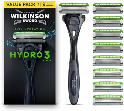 Wilkinson Sword Hydro 3, rasoio da uomo, formato convenienza, doppia lubrificazione, lame rivestite in carbonio, manico + 9 ricariche