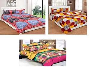 JASS HOME DECOR Cotton Double Bedsheet with 6 Pillow Cover (King Size, Multicolour) - Combo Set of 3