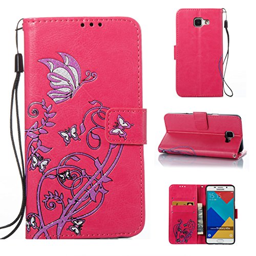 Coque Samsung Galaxy A5(2016) SM-A510F,Ecoway étui en Cuir PU Narcissus Motif gaufré Cas de téléphone Fonction de Support Pliable Cartes de Crédit Slot et Sangle détachable à Main(Red Rose)
