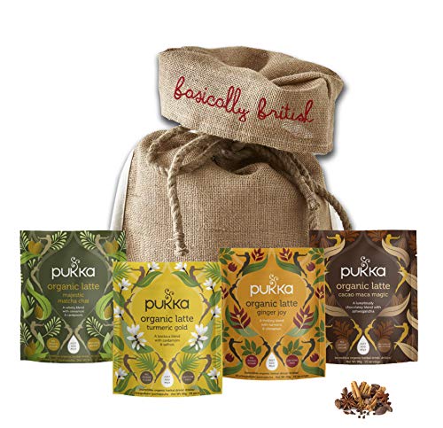 Pukka Organic Latte Assortment | 4 Pack Variety | Turmeric Gold, Majestic Matcha Chai, Ginger Joy, Cacao Maca Magic | Tea Selection Gift in Basically British Bag