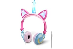 ONTA Casque Audio Enfant avec Oreilles de Chat Licorne, Léger, Écouteurs Pliables à LED à Lumières pour Filles/Garçons, Réglables, Durable et Confortable, pour Maison ou Extérieur (Poudre Bleu)