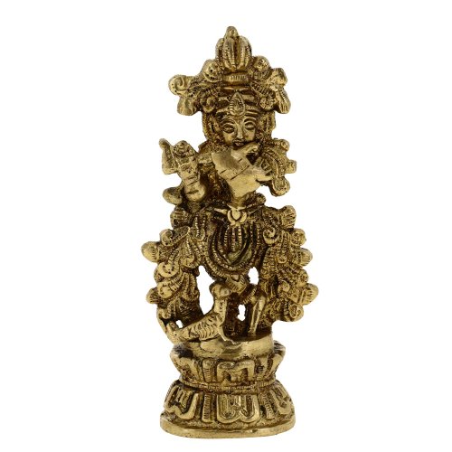 Brass Metal Sculpture Religious Statue of Hindu God Krishna Playing Flute