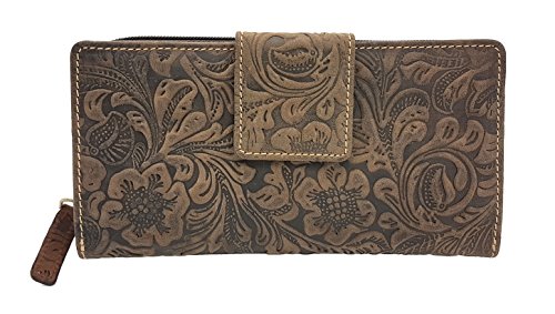 Preisvergleich Produktbild feminine echt Leder Damen Geldbörse mit Außenriegel ölgeprägtes Vollrindleder Jockey Club florale Motive, Ranken und Blüten mit Smartphonefach