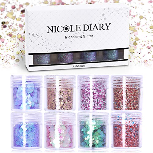 NICOLE DIARY Christmas Glitter per unghie Paillette paillettes Fiocchi iridescenti Punte ultra-sottili Colorate paillette miste Viso Corpo Capelli Nail art