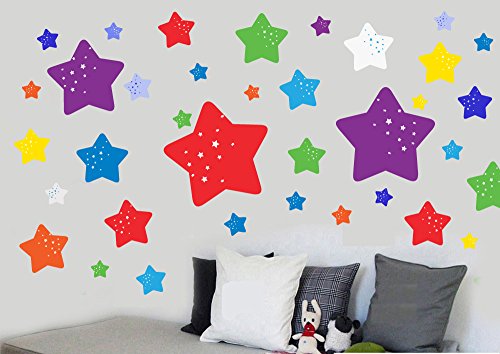 Childrens Colourful Stars - Pack of 46 - Repositionable Wall Art Vinyl Printed Stickers