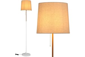 BAKAJI Lampada Piantana da Terra Luce Lampadina E27 Max 60W Base Rotonda Struttura in Metallo e Legno Paralume in Tessuto Design Moderno Accensione a Catena Altezza 170 cm (Bianco)