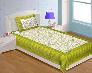 Ealth Kart Cotton Rajasthani Jaipuri Traditional Floral Single Bed Sheet with Pillow Cover - Green