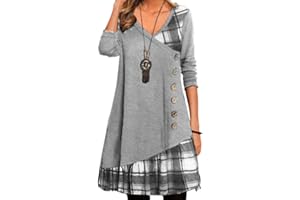 Onsoyours Robe Femmes Casual Automne Bouton Manches Longues Robe Chic Imprimé Patchwork Écossais À Grand Swing Mi-Longue Robe Chic Décontracté Robe De Soirée