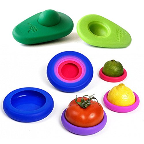 Food Huggers Reusable Food Covers, Set of 6, 4 Blue Food Huggers + 2 Avocado Huggers by IPPINKA