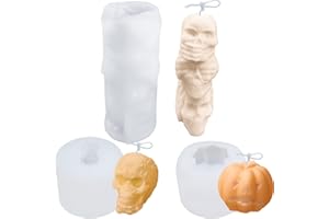 SILICANDO 3D Skull Silicone Candle Mould, 3PCS Halloween Candle Mould, Pillar Candle Mould, Pumpkin Resin Casting Mould for Wax Melts Homemade Soap, Chocolate, Halloween Party Decoration