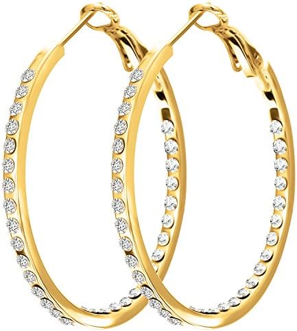 40mm Cubic Zirconia Fashion - Inner Crystal Hoop Earrings (Gold)