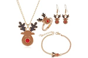 FFWTPY Weihnachts Schmuckset für Frauen Weihnachten Ohrringe Halskette Armband und Ring Set Weihnachtsmann Elch Schneemann Glocke Schmuckset Geschenke für Frauen Damen
