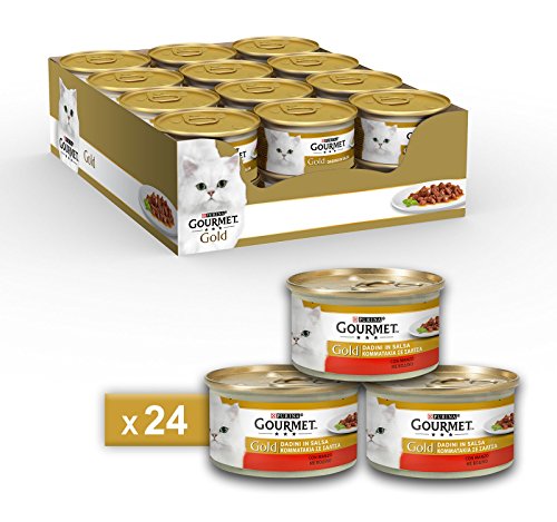 Gourmet Gold Purina Umido Gatto Dadini in Salsa con Manzo, 24 Lattine da 85 g Ciascuna, Confezione da 24 x 85 g