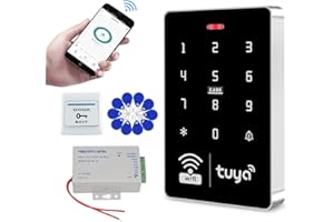 QTTYELOK Kit de Sistema de Control de Acceso WiFi Smart Tuya App Teclado RFID IP68 Impermeable 125KHz 13.56MHz + Fuente de Alimentación + Llavero 10pcs (Sin Cerradura)