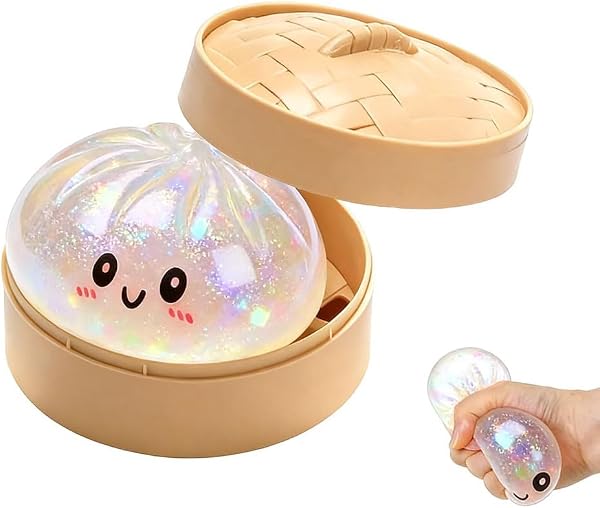 Dumpling Squishy mit Dampfgarer, XXL Glitzer Bao Bun Squishy 10 cm, Weiches Elastisches Anti Stress Spielzeug, Fidget Toy zur Stress & Angstlinderung, für Kinder und Erwachsene - 1