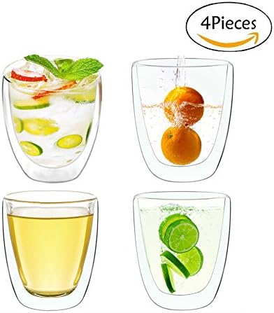 Double Walled Glasses Drinking Mug(Set of 4) Thermal Insulated Wall Ultra Clear Cup- Perfect For Drinking a Coffee/Tea/Juice- Capacity: 260ML