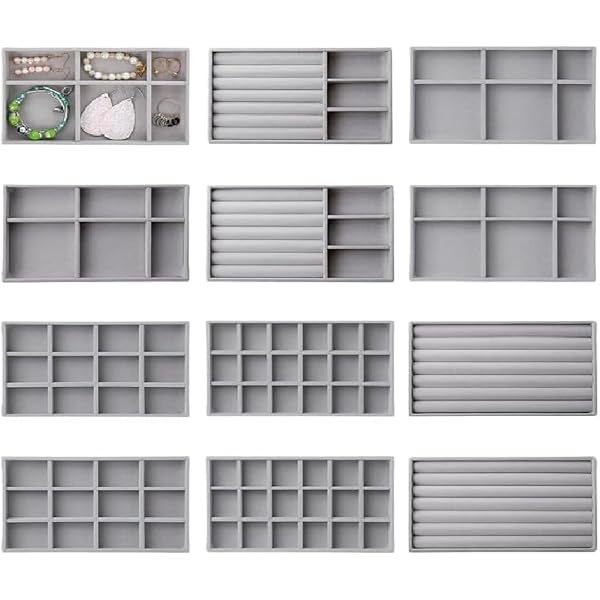 Luxury 5-Grid Velvet Jewelry & Sunglasses Organizer Tray - Stackable, Wooden Frame, 11.8x7.2x1.6in