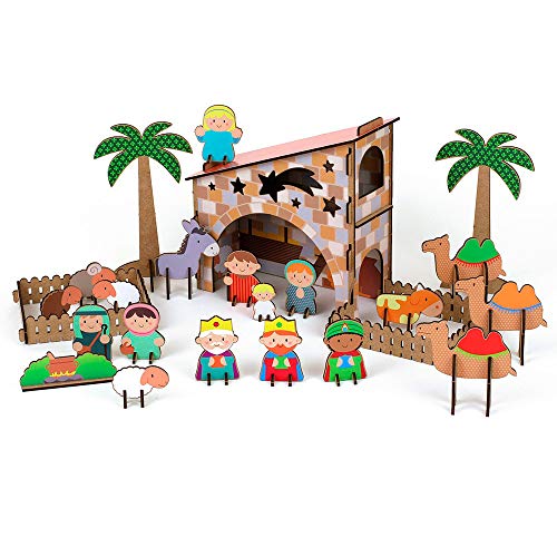 La Lluna Belen Infantil de Madera Peace. Juego construcción y Manualidades del Belén con Adhesivos. Contiene 73 Piezas.