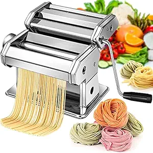 Shelzi Pasta Maker Machine-Unique Patented Suction Base for Home Non-Slip Use of Stainless Steel Noodle Spaghetti & Fettuccine Maker and Dough Roller Cutter Machine Hand Crank & Clamp