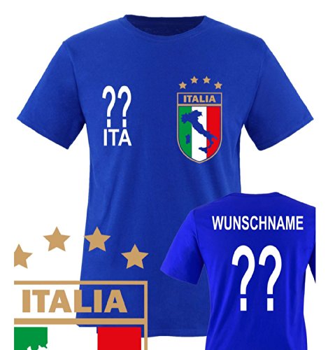 Comedy Shirts – WM 2014 – ITALIEN – VORNE und HINTEN – WUNSCH – Kinder T-Shirt – Royalblau Gr. 152-164