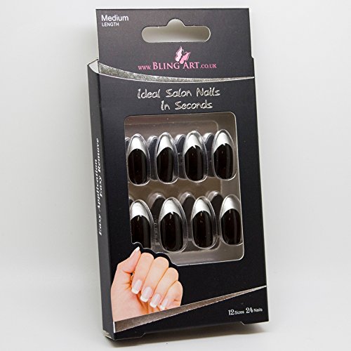 Bling Art Stilett Falsche Nägel Acryl Schwarz Silber Medium Tipps UK - 5