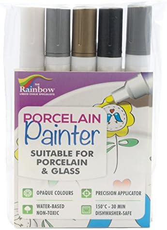 Porcelain Painter Pen 5 Pack - Personalise Porcelain, Ceramic and Glass Permanently (White Gold Silver Black Grey)