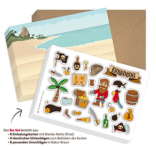 + STICKER: 8er Set „Pirat“ – 8 Einladungskarten, 8 Umschläge & 8 Stickerbögen mit Aufklebern – Schatzkarte Schatzsuche Piratenparty Kindergeburtstag – Geburtstagseinladungen zum Bekleben, Individualisieren, Basteln für Kinder, Mädchen, Jungen - 4