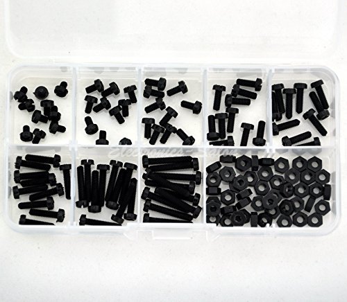 ELECTRONICS-SALON Métricas M3 Nylon negro tornillo y tuerca surtido Kit, M3 x4 X5 X6 X8 X10 X12 X15 x18 mm