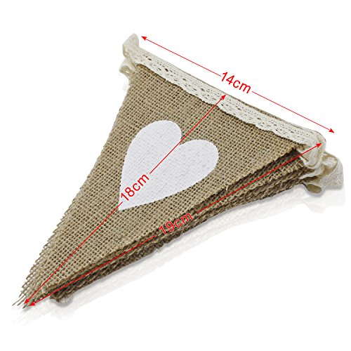 PsmGoods® Weinlese-Herz Jute Sackleinen hessischen Bunting Banner Flag für Hochzeitsfest-Dekoration-weiße Spitze 3m - 7
