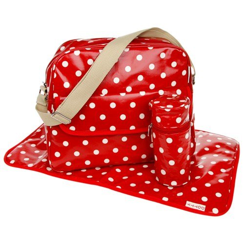 RED Polka Spotty Dotty Oilcloth Baby Nappy Change Bag with Changing Mat & Bottle Holder