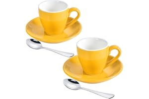 ionEgg Porcelanowy kubek do espresso ze spodkiem i mini łyżkami ze stali nierdzewnej, kubek do espresso, 80 ml, 2 sztuki, żółty