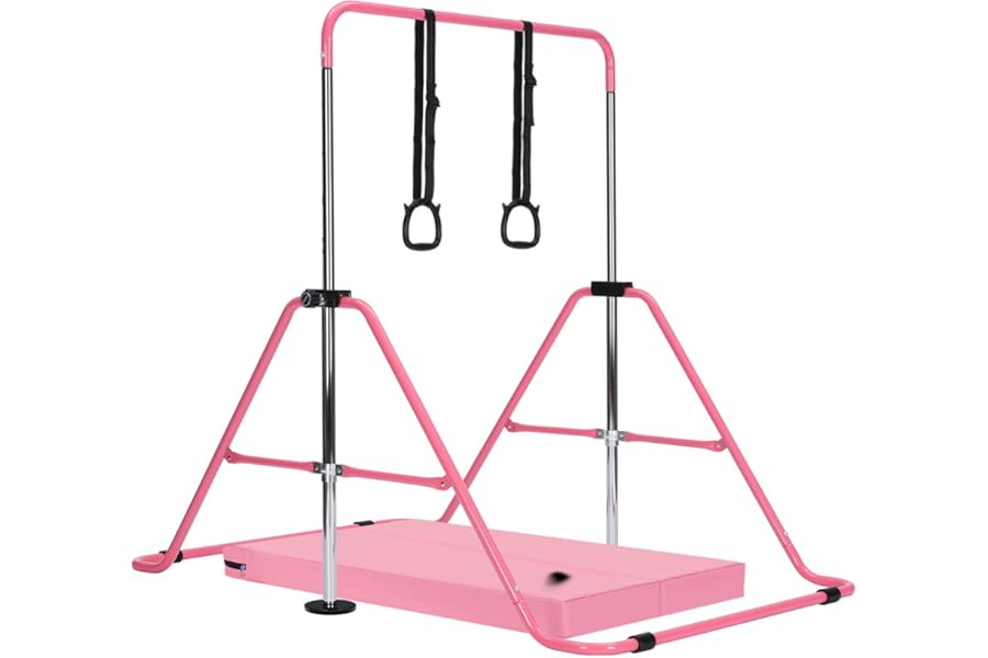 M.J COMFY-LIFE Kids Gymnastics Bar with Mat – Adjustable Easy Assembly Training Kip Bar Horizontal Bar for Home, Gymnastics Equipment for Kid 5-12 years