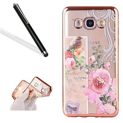 Galaxy J7 2016 Case Cover with Free Black Stylus Pen,Leeook Luxury Elegant Beautiful Bird Pink FLower Electroplate Plating Frame Crystal Soft Gel Silicone TPU Case Cover Bumper for Samsung Galaxy J7 2016