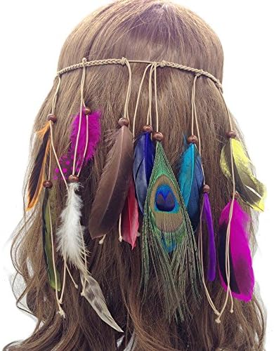 Our Fantasy Time Unique Feather Headband Boho Hippie Indian Style Kopfschmuck, Cotton Thread Twist Headband with Wild Feather and Wooden Beads Women's Hair Accessories – Great Accessory For Fancy Dress, Halloween, Masquerade Party etc.