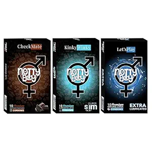 NOTTY BOY Extra Lubricated, Extra Thin, Plain Without Dotted and Chocolate Flavoured Condoms - (3x10s)