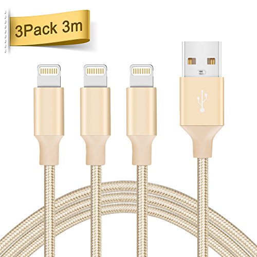 Quntis® 3m mit Nylon umflochtenes verwicklungssicheres USB Kabel Datenkabel Ladekabel Verbindungskabel für Apple iPhone 7 7 Plus 6 Plus 6 5 5S 6S SE, iPad 4.Gen. iPad Mini Air, iPod 5.Gen und iPod 7.Gen. Arbeitet mit neuesten iOS-Update (3 Pack, Gold)