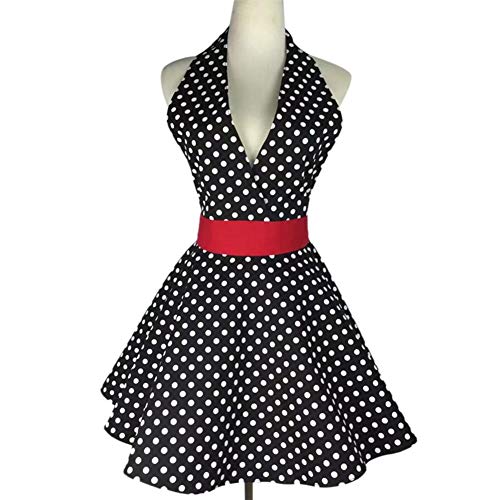 Forwei Tablier de Mode pour Femme Tabliers de Cuisine rétro Femme Fille Coton Robe de Tablier de Robe de Tablier de Coton à Pois Vintage (Noir)