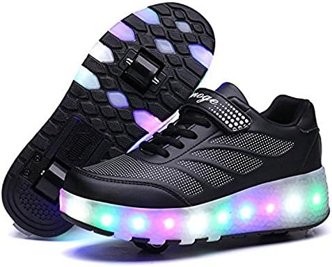 Tbbuy Unisex Kids LED Light Roller Skates Shoes Adjustable Skates Rollerblades Inline Skates Single Wheel Trainers Double Sport Shoes (31 EU, Black With Double wheels)