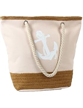 Travistar Damen Strandtasche Große Canvas Schultertasche Shopper Tasche mit Reißverschluss maritimes Anker Design