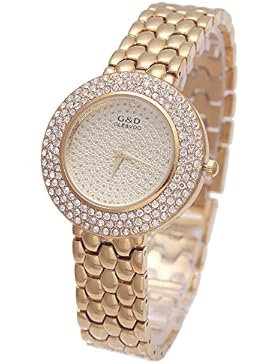Sheli Gefroren Bling Gelbgold Analog Quarz Armbanduhr für Frauen Damen Kleid Täglich Tragen, 34mm