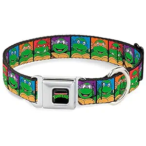 Buckle-Down Seatbelt Buckle Dog Collar - Classic TMNT Face Blocks Black/Multi Color - 1.5